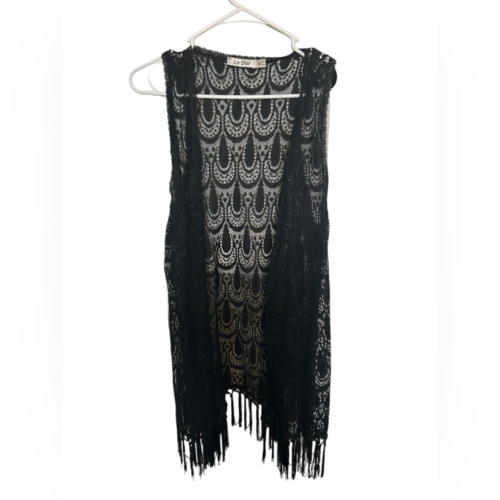 Le dor black lace fringe sleeveless duster size medium